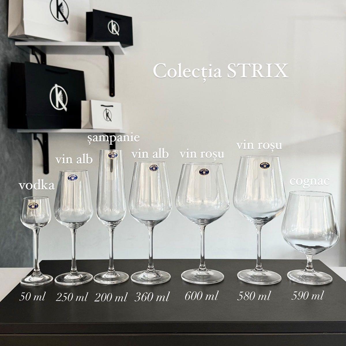 Colectia de pahare Strix ce include pahar vodka, vin alb, vin rosu, cognac si sampanie