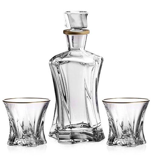 Decantor si pahare cu marginile aurii pentru whisky din cristal Bohemia