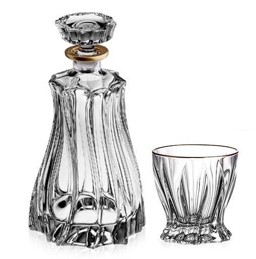 Decantor si pahare Plantica cu marginile aurii pentru whisky din cristal Bohemia